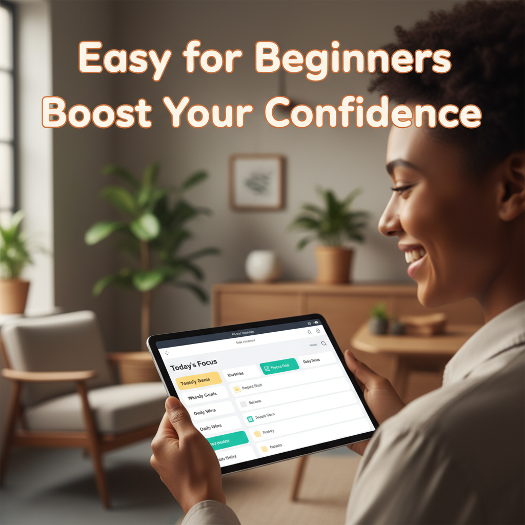 Create a high-resolution 8K square image illustrating ease for beginners. Show a smiling person using a tablet, easy-to-read digital planner pages visible. Overlay text: "Easy for Beginners, Boost Your Confidence". Warm, inviting, and motivating atmosphere with subtle office decor. Convey empowerment and simplicity.