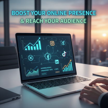 Create a high-resolution 8K square image illustrating the benefit of building a strong online presence. Show a laptop screen with charts, social media icons, and growth metrics. Include overlay text: "Boost Your Online Presence & Reach Your Audience". Style the image modern, professional, and visually striking. Emphasize empowerment, clarity, and results-driven energy.