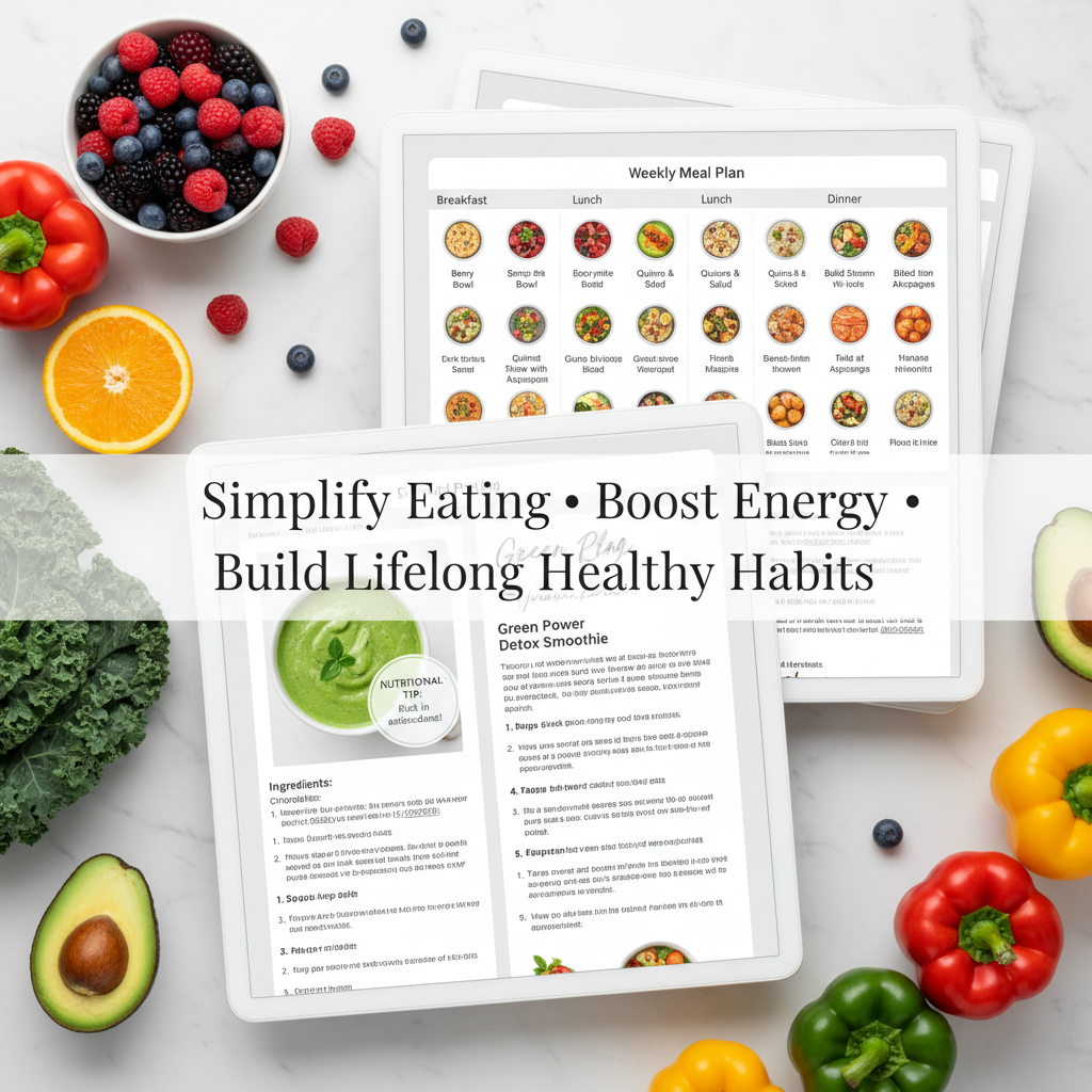 Create a high-resolution 8K square image showcasing the full content of the "Healthy Nutrition Guide". Include vibrant, organized meal plans, colorful fruits and vegetables, simple recipe layouts, and tips highlighted on digital pages. Add a soft overlay text: "Simplify Eating • Boost Energy • Build Lifelong Healthy Habits". Ensure the image conveys clarity, confidence, and empowerment for beginners. Professional, clean, and inspiring visual for a sales page.