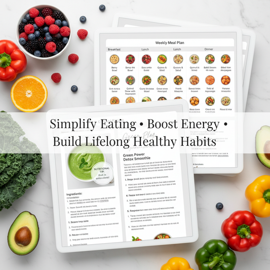 Create a high-resolution 8K square image showcasing the full content of the "Healthy Nutrition Guide". Include vibrant, organized meal plans, colorful fruits and vegetables, simple recipe layouts, and tips highlighted on digital pages. Add a soft overlay text: "Simplify Eating • Boost Energy • Build Lifelong Healthy Habits". Ensure the image conveys clarity, confidence, and empowerment for beginners. Professional, clean, and inspiring visual for a sales page.