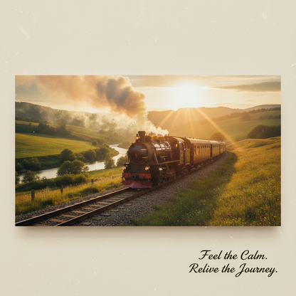 Create a square 1:1 ultra high-resolution 8K artistic image of an old European train passing through a countryside railway at sunset, warm golden tones, vintage photography feel, soft grain, emotional atmosphere, peaceful and dreamy scenery.
Add subtle overlay text:
"Feel the Calm. Relive the Journey."
premium wall art style, nostalgic travel mood, elegant and minimalist.