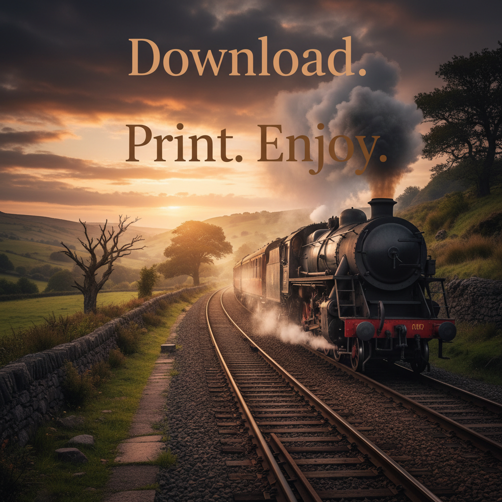 Create a square 1:1 ultra high-resolution 8K dramatic cinematic image of a vintage train disappearing into the distance on a scenic railway track, soft fog, timeless atmosphere, emotional storytelling style.
Add bold minimal overlay text:
"Download. Print. Enjoy."
exclusive, premium digital product aesthetic, strong emotional close.