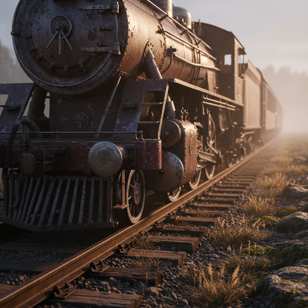 Create a square 8K artistic close-up of a vintage train on old tracks, emphasizing texture and detail of the train and surrounding landscape. Include warm, rich colors like dark burgundy, brown, and deep purple. Add soft mist and atmospheric lighting to evoke a nostalgic, peaceful mood. Highly professional, visually captivating for e-commerce.