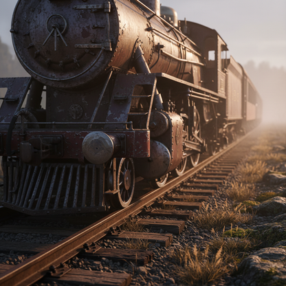Create a square 8K artistic close-up of a vintage train on old tracks, emphasizing texture and detail of the train and surrounding landscape. Include warm, rich colors like dark burgundy, brown, and deep purple. Add soft mist and atmospheric lighting to evoke a nostalgic, peaceful mood. Highly professional, visually captivating for e-commerce.
