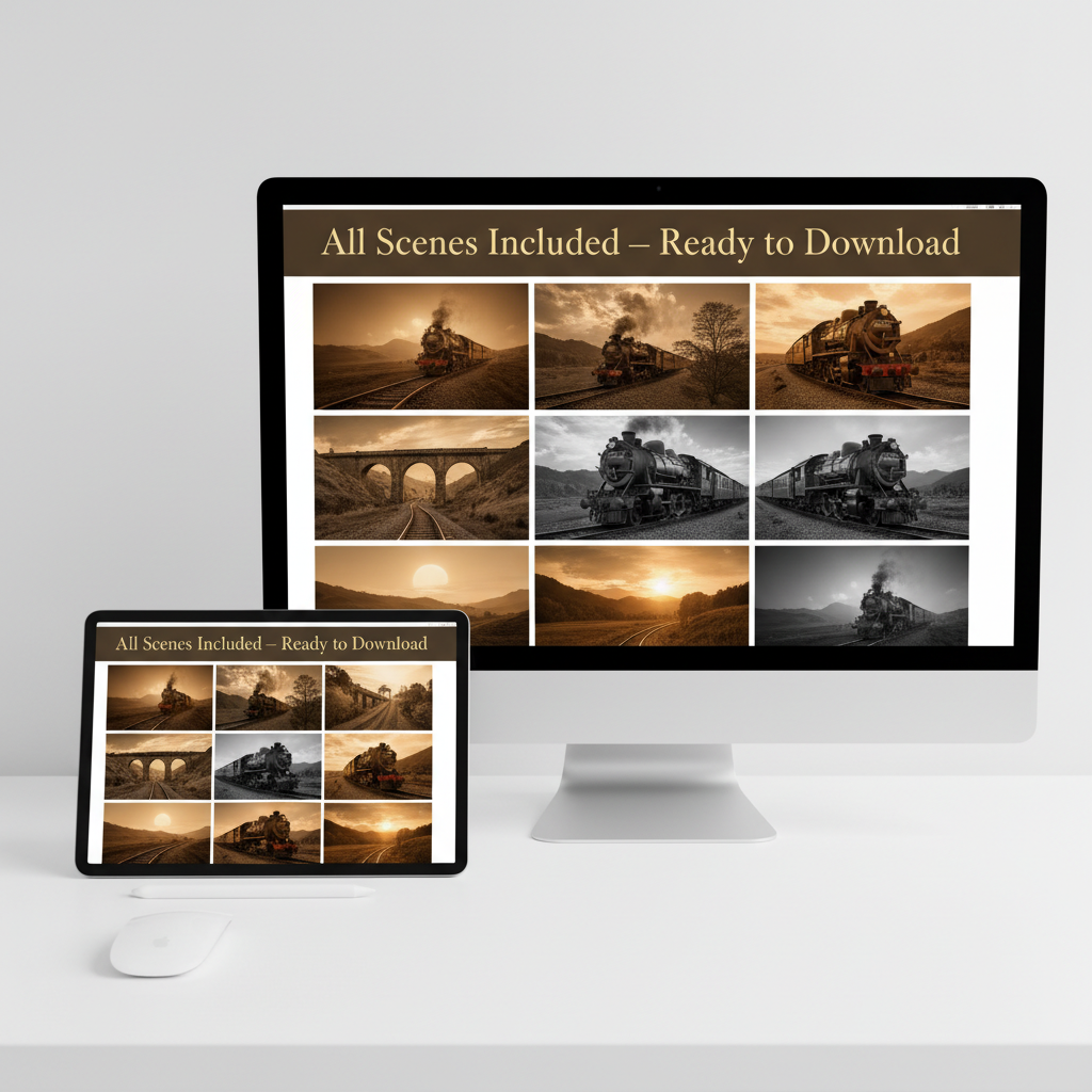 Create a square 8K image showing a flat lay of the entire "Vintage Railway Landscape Backgrounds" collection: multiple digital files open on a tablet and desktop, various scenes visible including sepia, dusk, and black-and-white. Include text overlay: "All Scenes Included — Ready to Download", in elegant Playfair Display font. Showcase completeness and high quality of the product in an eye-catching professional layout.