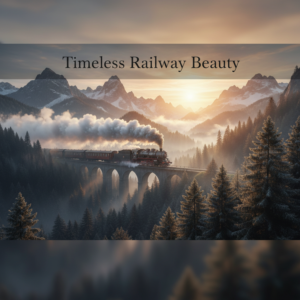 Create a square 8K ultra-high-resolution image of a vintage railway landscape, featuring a classic steam train moving through misty mountains and pine forests at sunrise. Cinematic lighting, soft fog, warm nostalgic tones, ultra-detailed textures, timeless European scenery. Add an elegant, subtle text overlay that says: 
“Timeless Railway Beauty”
Premium aesthetic, professional digital product cover, calm and emotional atmosphere, museum-quality artwork.