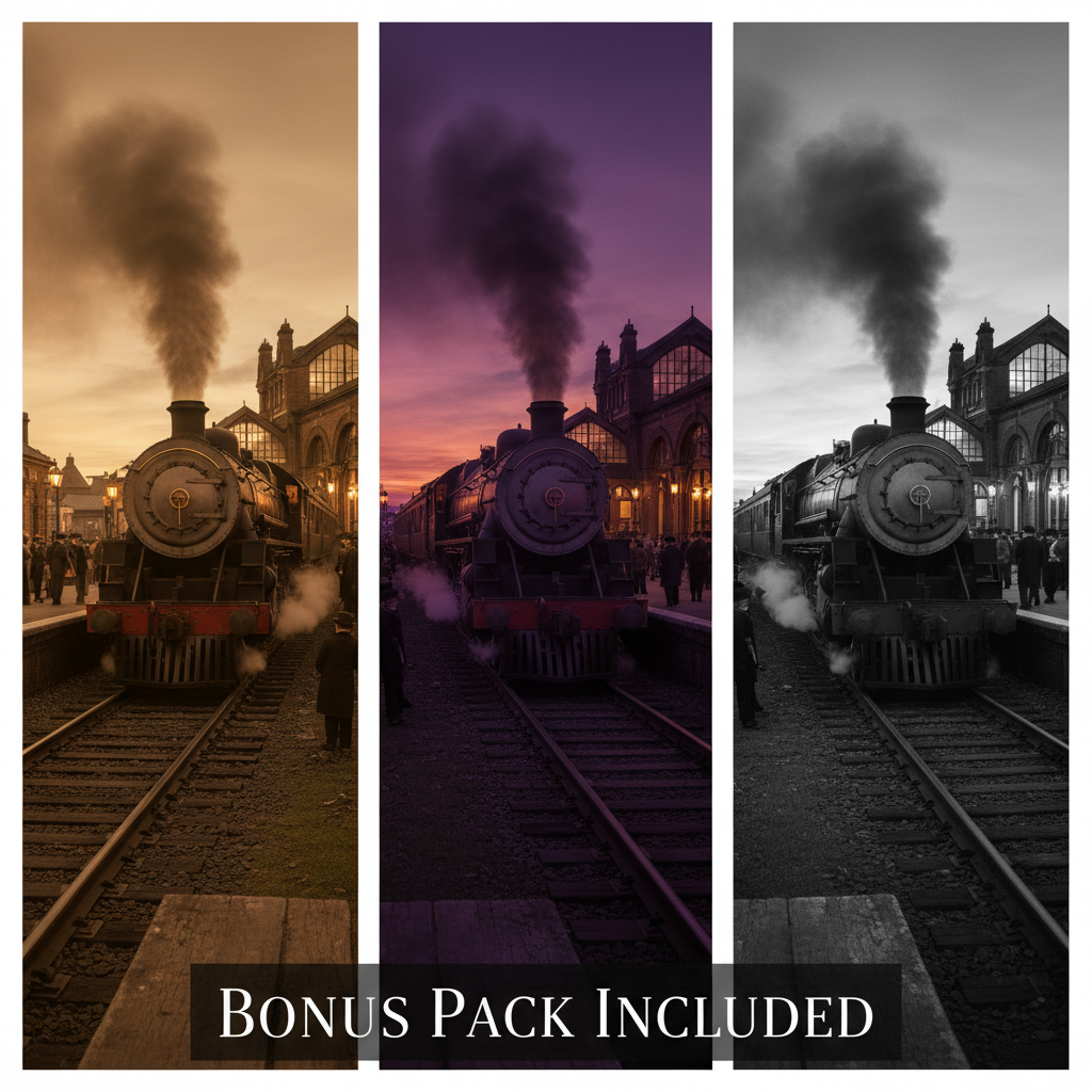 Design a square 8K image showing three variations of the same vintage railway scene: sepia, dusk, and black-and-white, arranged elegantly side by side. Highlight differences in color tone while maintaining high detail and cinematic quality. Include text overlay: "Bonus Pack Included" in Playfair Display font. Perfect for demonstrating product value and exclusive content.