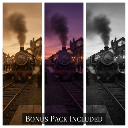 Design a square 8K image showing three variations of the same vintage railway scene: sepia, dusk, and black-and-white, arranged elegantly side by side. Highlight differences in color tone while maintaining high detail and cinematic quality. Include text overlay: "Bonus Pack Included" in Playfair Display font. Perfect for demonstrating product value and exclusive content.