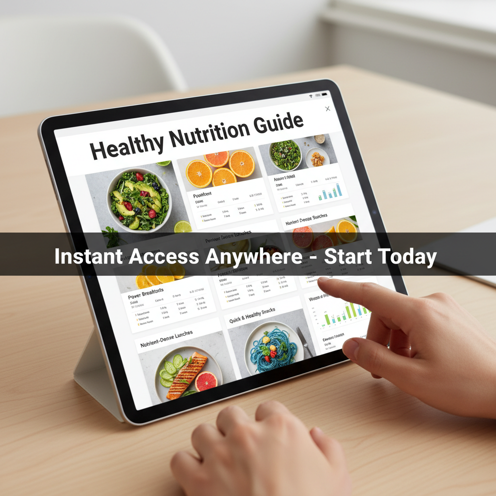 Generate a high-resolution 8K square image of a tablet or laptop screen displaying the "Healthy Nutrition Guide" digital pages. Show a user instantly accessing the guide. Overlay text: "Instant Access Anywhere – Start Today". Include bright, inviting colors and a clear, professional layout to communicate simplicity and convenience.