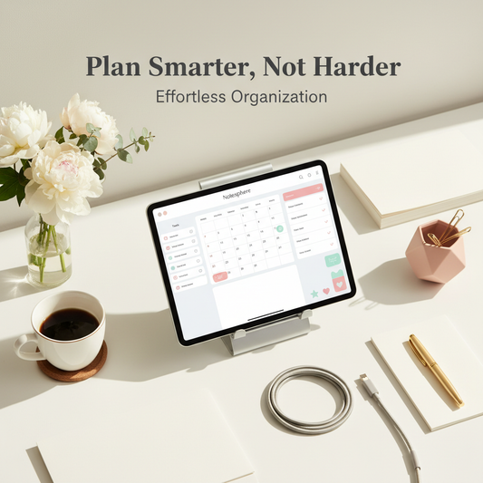 Generate a high-resolution 8K square image showcasing "Notesphere", a digital planner. Display a modern desk setup with a tablet open on the planner interface, colorful stickers, and neatly arranged notes. Include text overlay: "Plan Smarter, Not Harder" and "Effortless Organization". Bright, inspiring lighting. Make it premium, professional, and appealing for young professionals and busy women. Focus on clarity, aesthetics, and a sense of productivity.