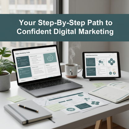 Generate a high-resolution 8K square image showcasing the Digital Marketing Guide in a modern home office setting. Include a laptop, tablet, and notes, showing the guide's pages on screen. Emphasize clarity, structure, and beginner-friendly design. Add bold, engaging overlay text: "Your Step-By-Step Path to Confident Digital Marketing". The scene should feel professional, inspiring, and motivating for aspiring entrepreneurs. Include subtle elements like coffee cup, planner, and plant to create a productive 