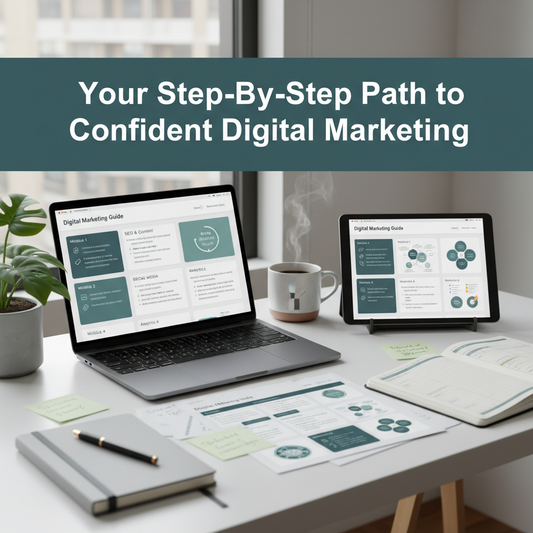 Generate a high-resolution 8K square image showcasing the Digital Marketing Guide in a modern home office setting. Include a laptop, tablet, and notes, showing the guide's pages on screen. Emphasize clarity, structure, and beginner-friendly design. Add bold, engaging overlay text: "Your Step-By-Step Path to Confident Digital Marketing". The scene should feel professional, inspiring, and motivating for aspiring entrepreneurs. Include subtle elements like coffee cup, planner, and plant to create a productive 