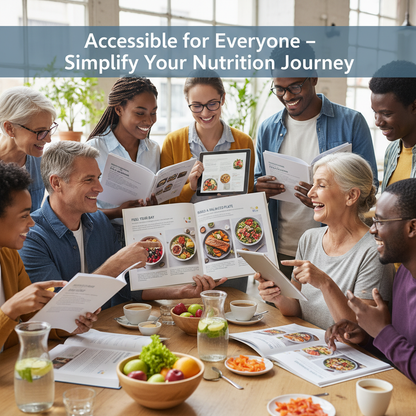 Generate a high-resolution 8K square image showing a diverse group of people (young adults, middle-aged, older adults) using the "Healthy Nutrition Guide". Include colorful meal visuals, easy-to-read layouts, and approachable design. Add overlay text: "Accessible for Everyone – Simplify Your Nutrition Journey". Inspire inclusivity, confidence, and reassurance.