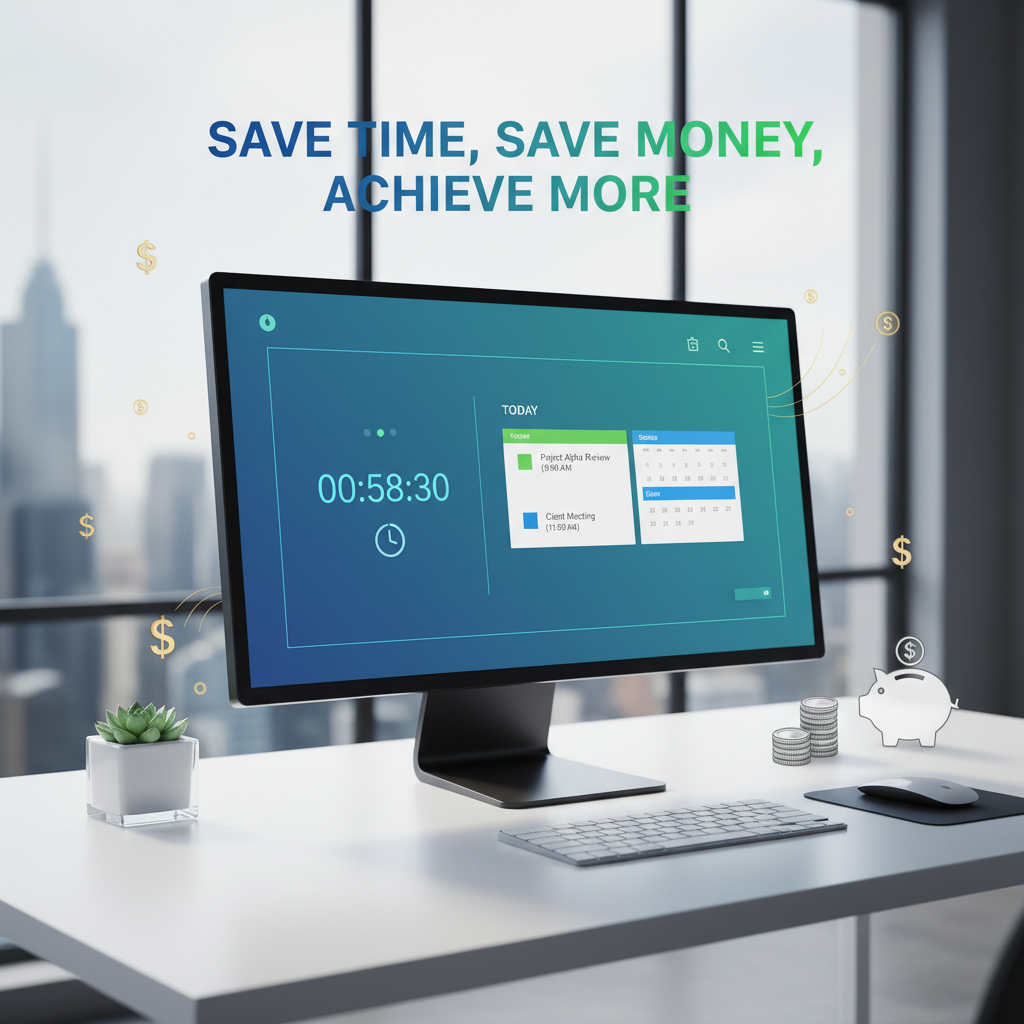 Generate an 8K square image representing efficiency and savings. Show a digital workspace with a timer, calendar, and money icons integrated naturally. Overlay text: "Save Time, Save Money, Achieve More". Bright and professional design, visually clear, conveying productivity and smart business strategy.